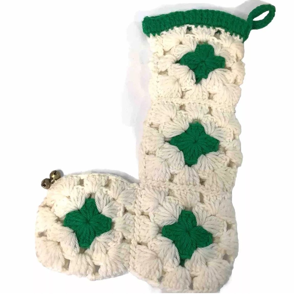 Vintage Handmade Granny Square Crochet Christmas Stocking Green White Bells